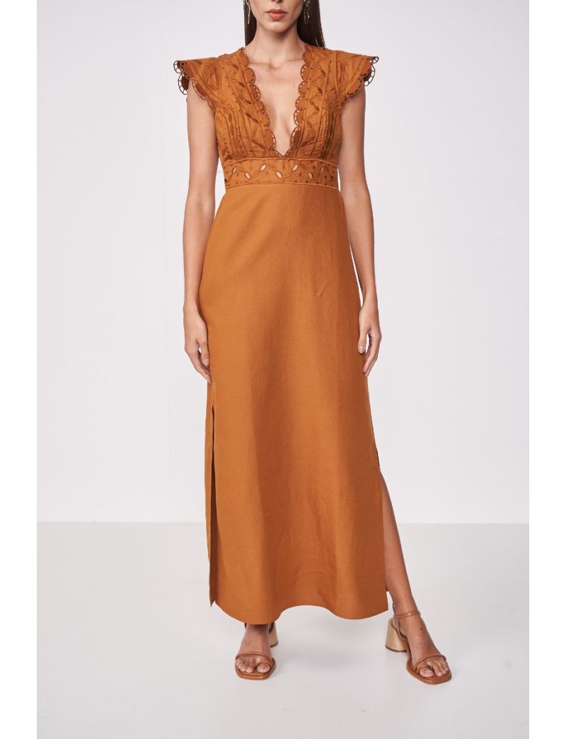 VESTIDO LONGO COM LINHO TERRACOTA