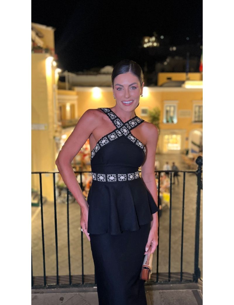 VESTIDO MIDI COM PEPLUM DECOTE CRUZADO CROCHET
