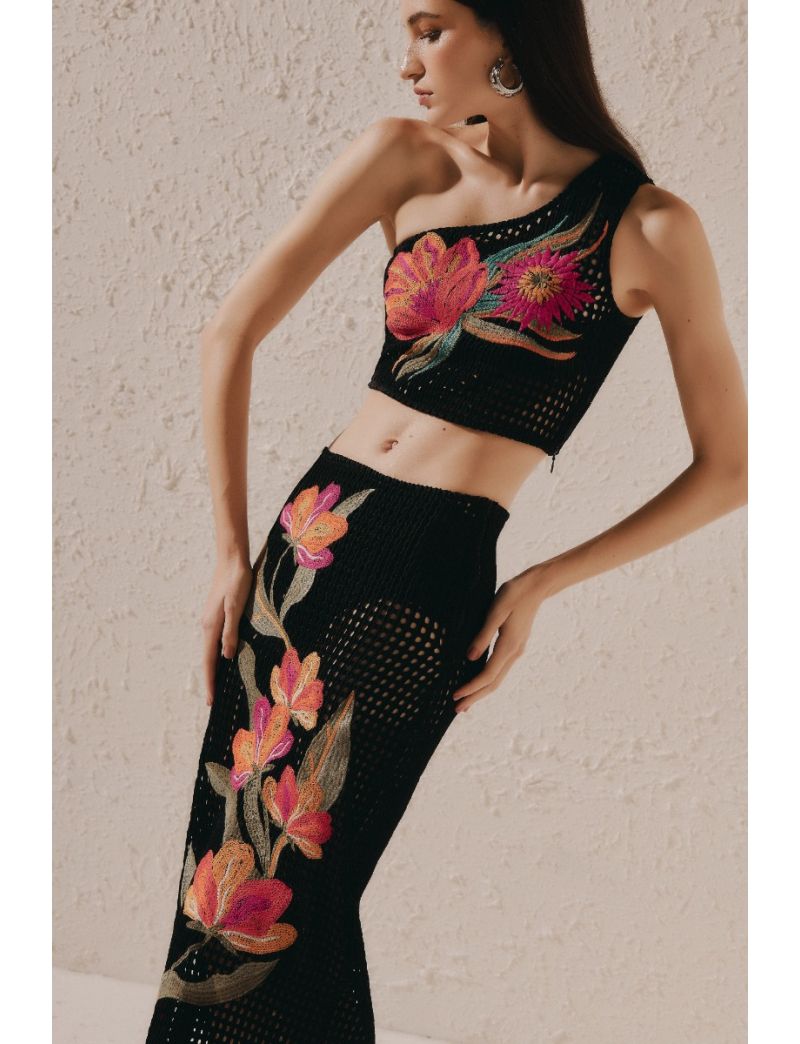 SAIA MIDI RETA CROCHET BORDADO FLORES