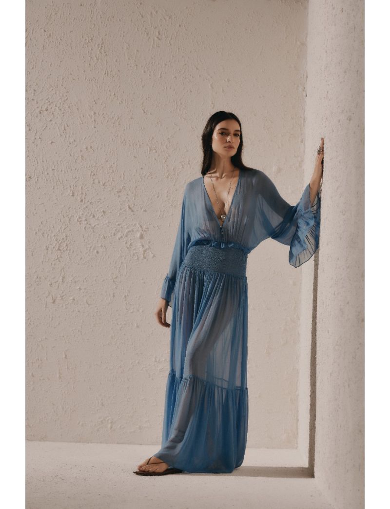 VESTIDO LONGO FLUÍDO COM TRANSPARÊNCIA