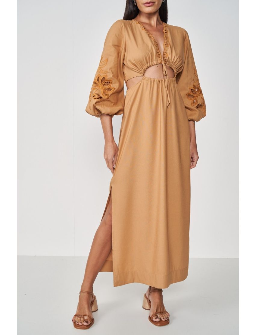 VESTIDO MIDI LONGO CUT OUT COM LINHO E BORDADO