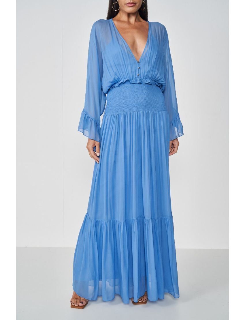 VESTIDO LONGO FLUÍDO COM TRANSPARÊNCIA
