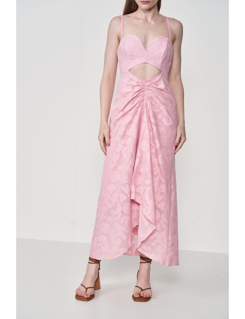 VESTIDO MIDI JAQUARD CUT OUT DECOTE CORAÇÃO FENDA FRANZIDA