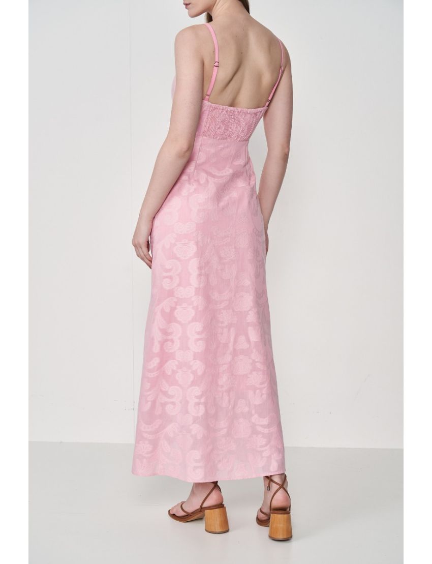 VESTIDO MIDI JAQUARD CUT OUT DECOTE CORAÇÃO FENDA FRANZIDA