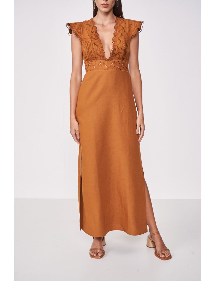 VESTIDO LONGO COM LINHO TERRACOTA