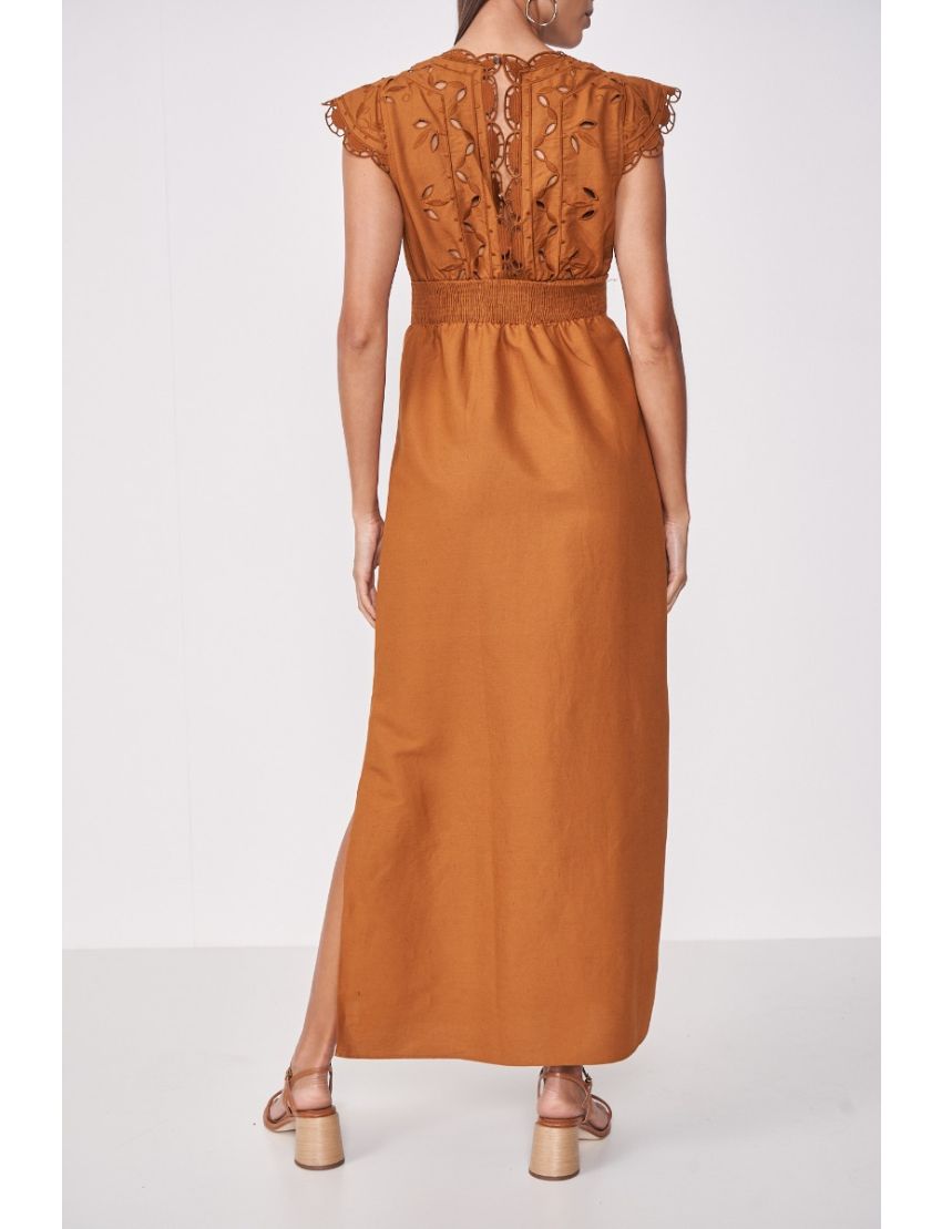VESTIDO LONGO COM LINHO TERRACOTA