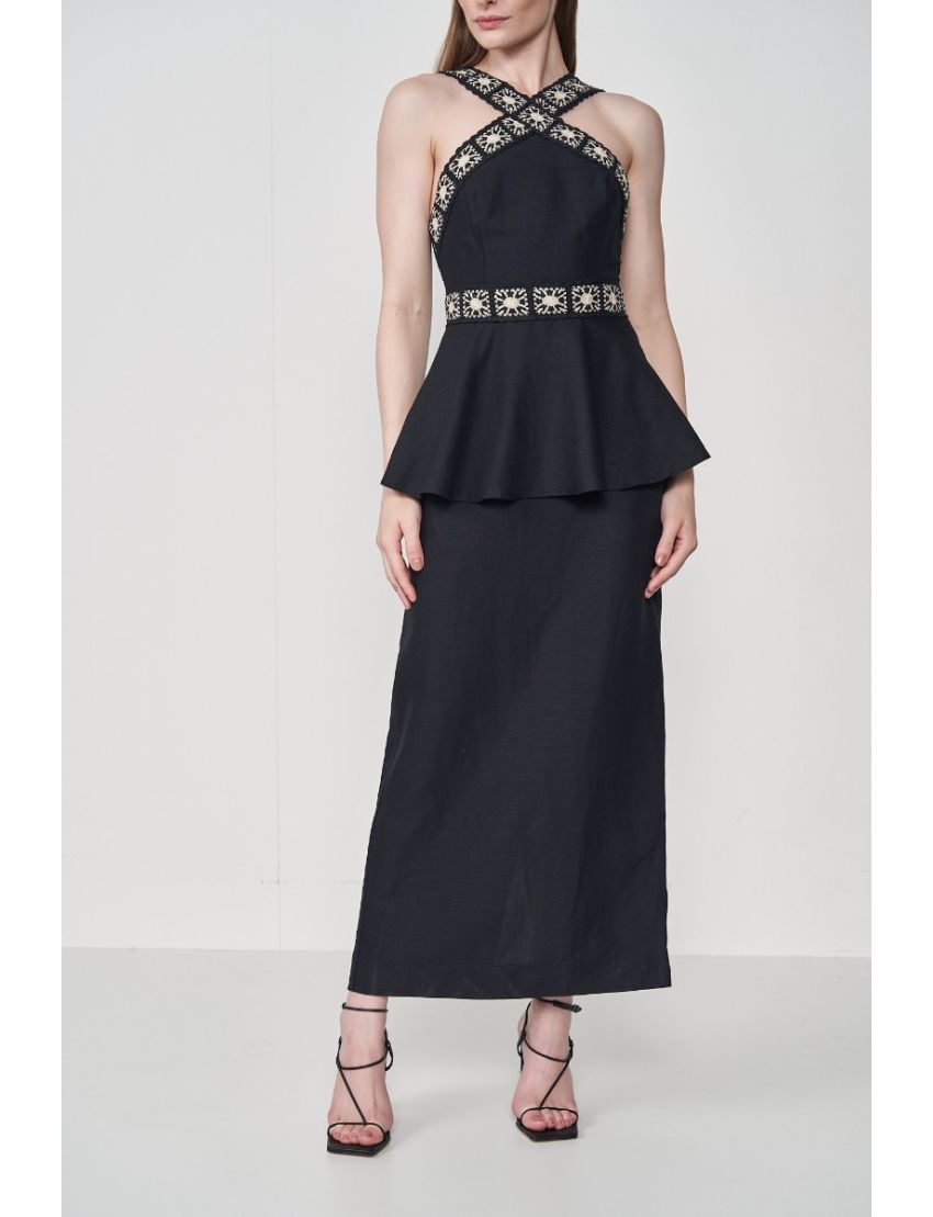 VESTIDO MIDI COM PEPLUM DECOTE CRUZADO CROCHET