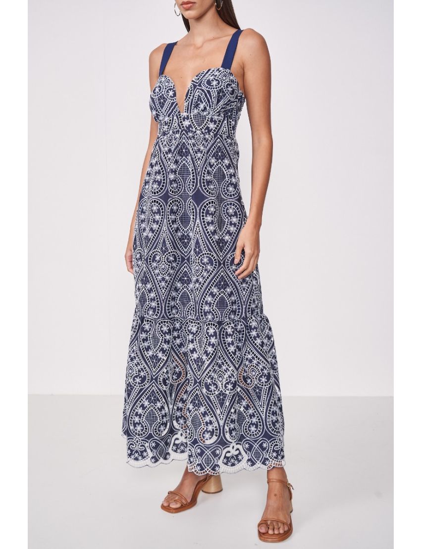 VESTIDO MARINHO LONGO RODADO CORPETE CORAÇÃO BORDADO