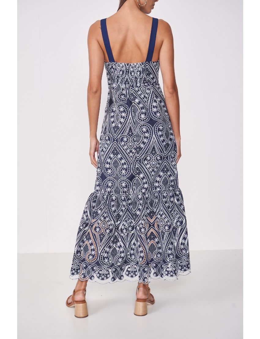 VESTIDO MARINHO LONGO RODADO CORPETE CORAÇÃO BORDADO