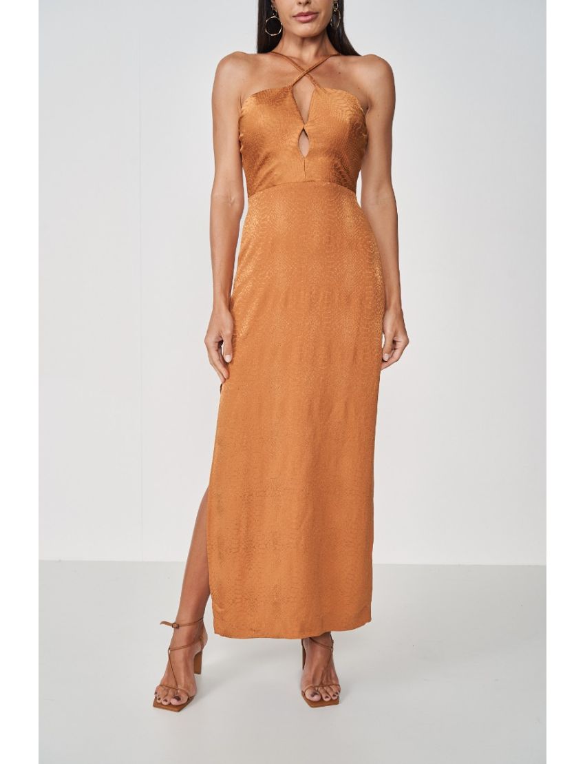 VESTIDO LONGO DECOTE EM ALÇA CRUZADA TECIDO SNAKE