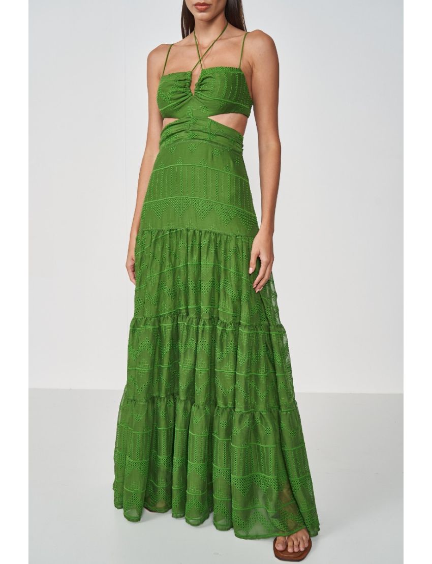 VESTIDO LONGO RODADO E BORDADO BUSTO RECORTADO