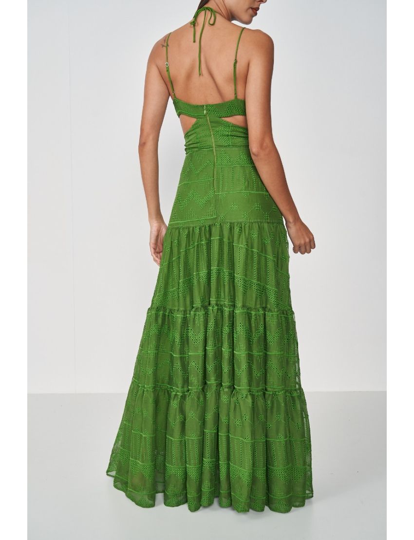 VESTIDO LONGO RODADO E BORDADO BUSTO RECORTADO