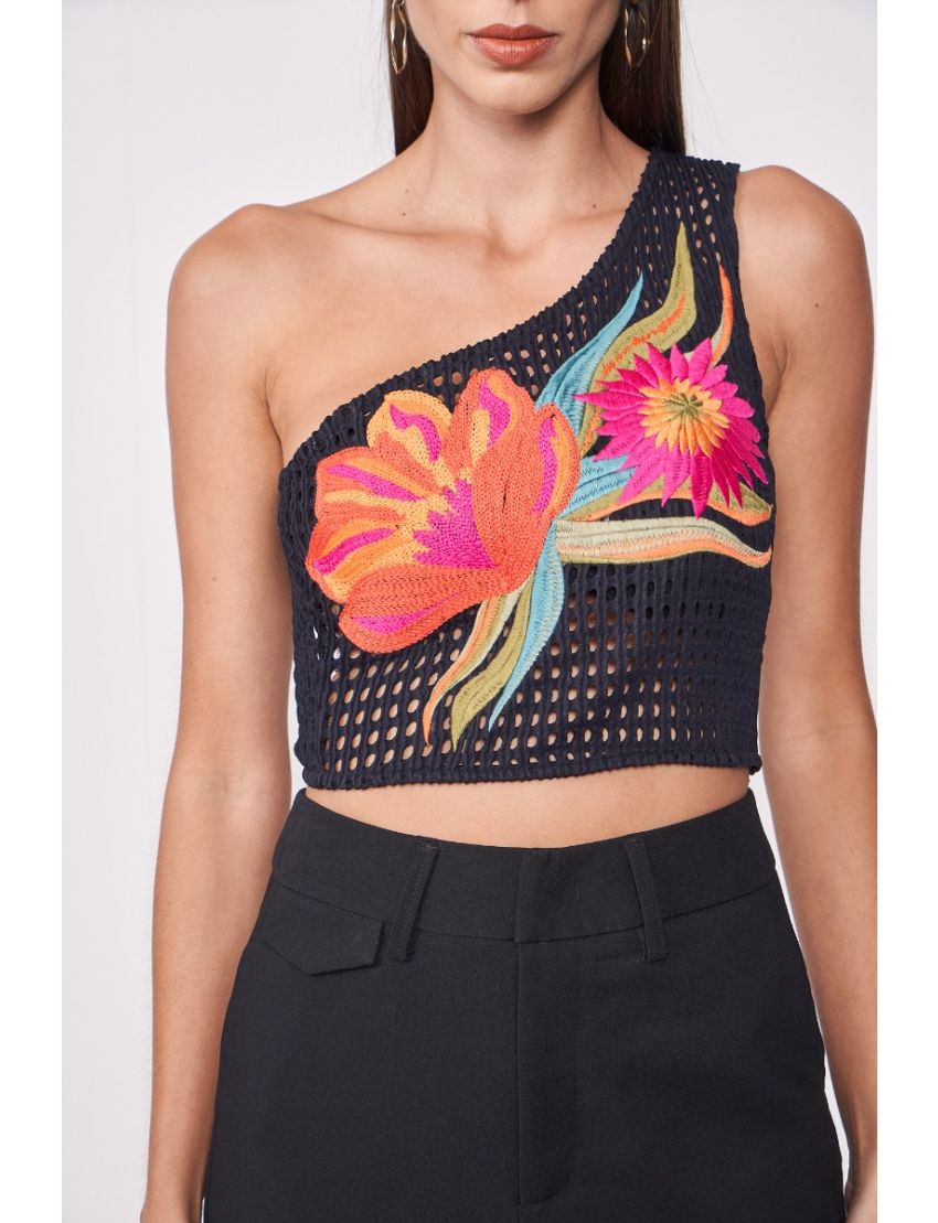TOP CROCHET UM OMBRO COM FLOR