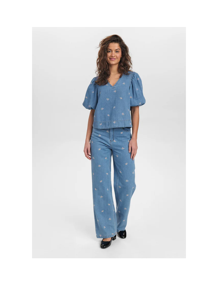 BLUSA DENIM COM FLORES MANGA BALONADA NUIBIZA