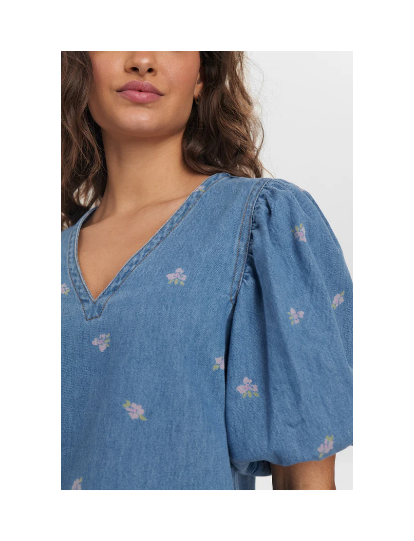 BLUSA DENIM COM FLORES MANGA BALONADA NUIBIZA