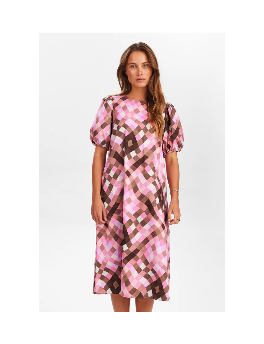 VESTIDO EVASÊ WAYLI QUADRICULA PINK & BROWN 