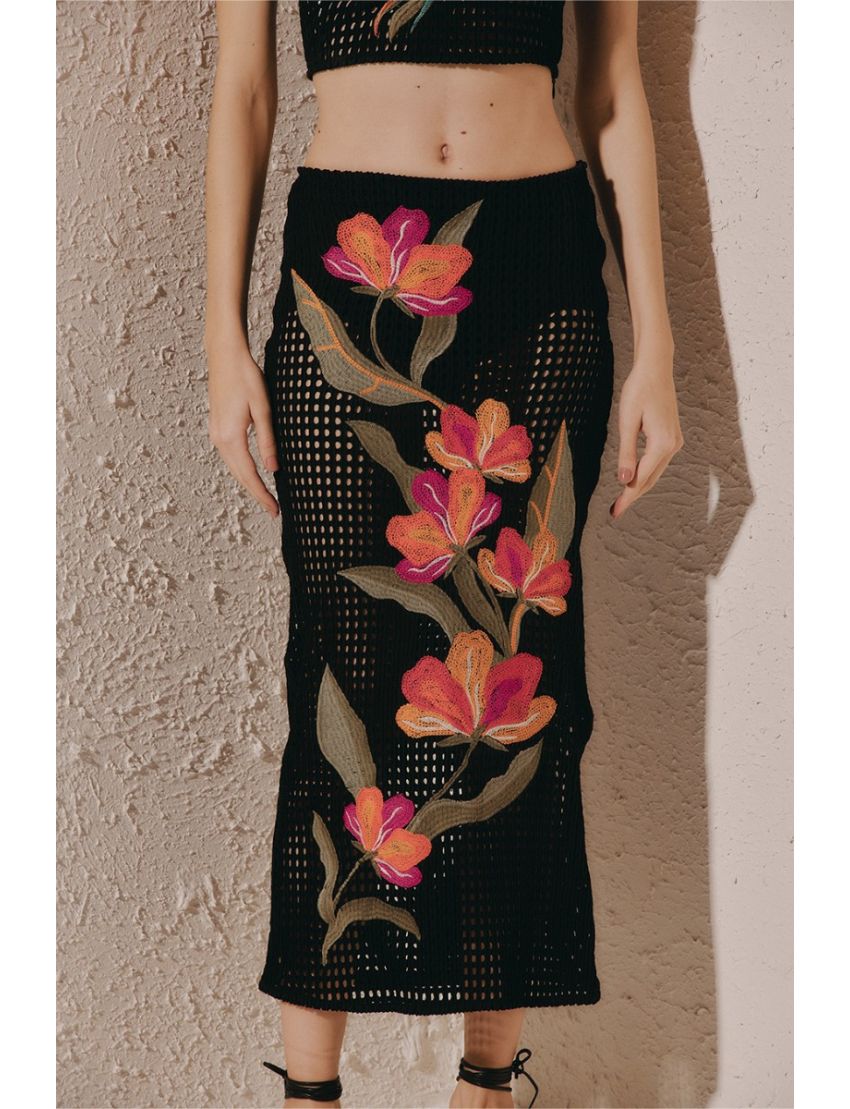 SAIA MIDI RETA CROCHET BORDADO FLORES