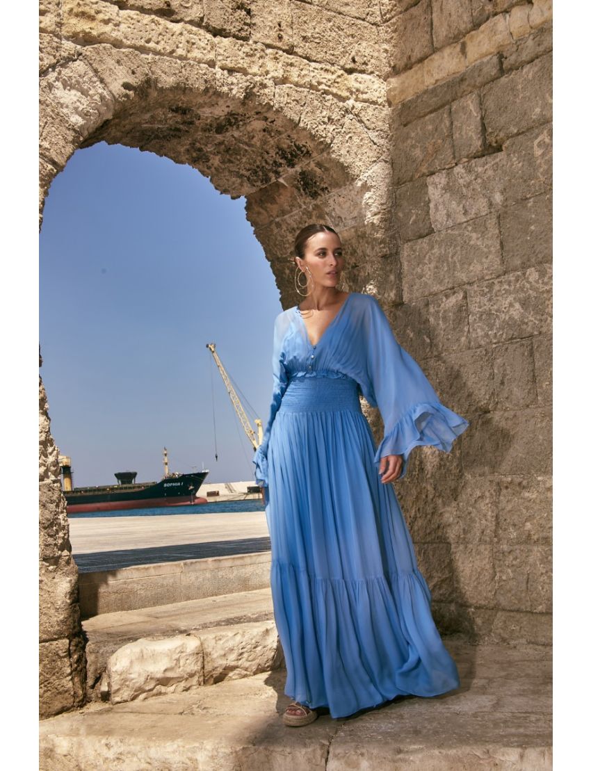 VESTIDO LONGO FLUÍDO COM TRANSPARÊNCIA