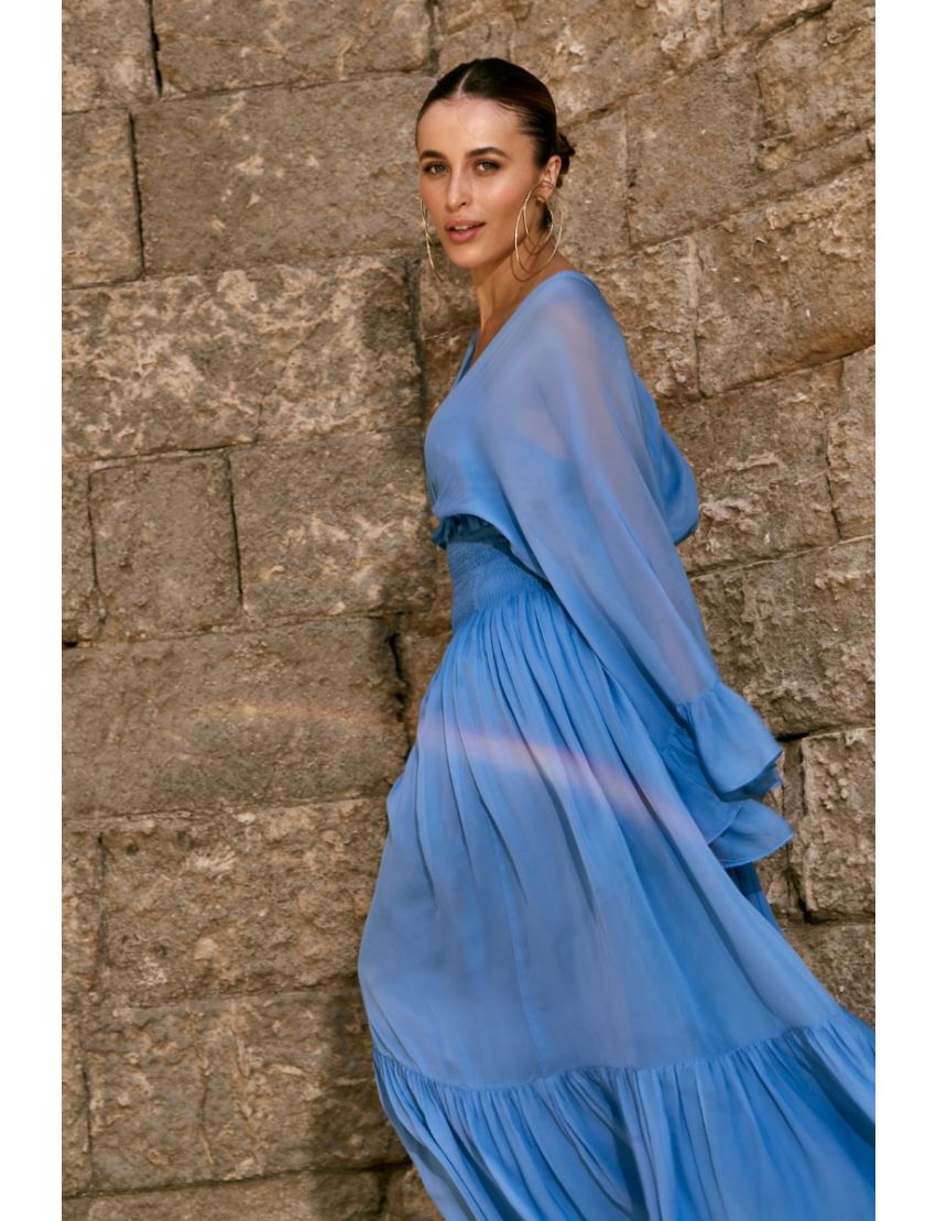 VESTIDO LONGO FLUÍDO COM TRANSPARÊNCIA