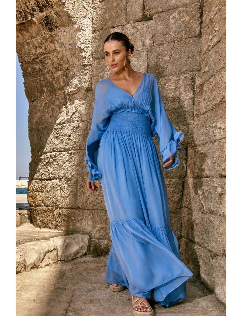 VESTIDO LONGO FLUÍDO COM TRANSPARÊNCIA