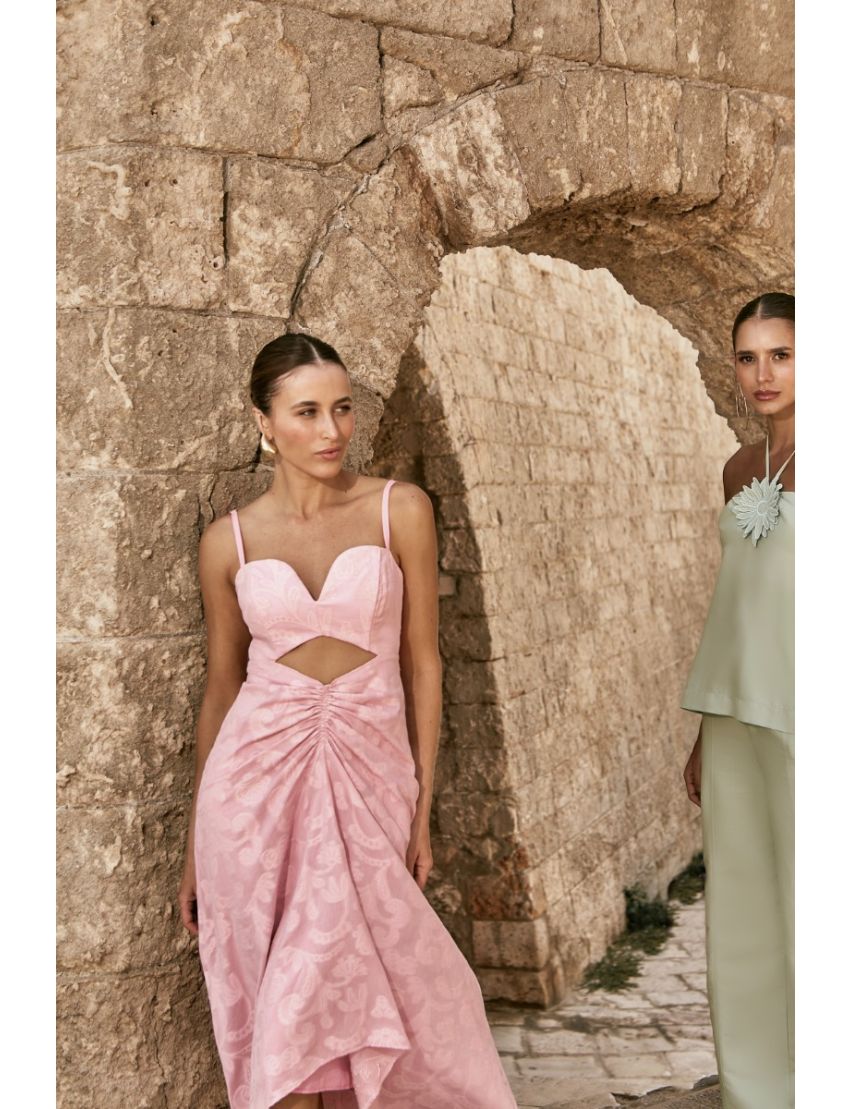 VESTIDO MIDI JAQUARD CUT OUT DECOTE CORAÇÃO FENDA FRANZIDA