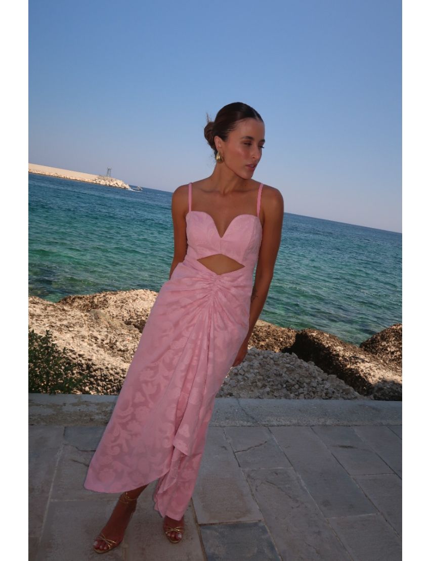 VESTIDO MIDI JAQUARD CUT OUT DECOTE CORAÇÃO FENDA FRANZIDA