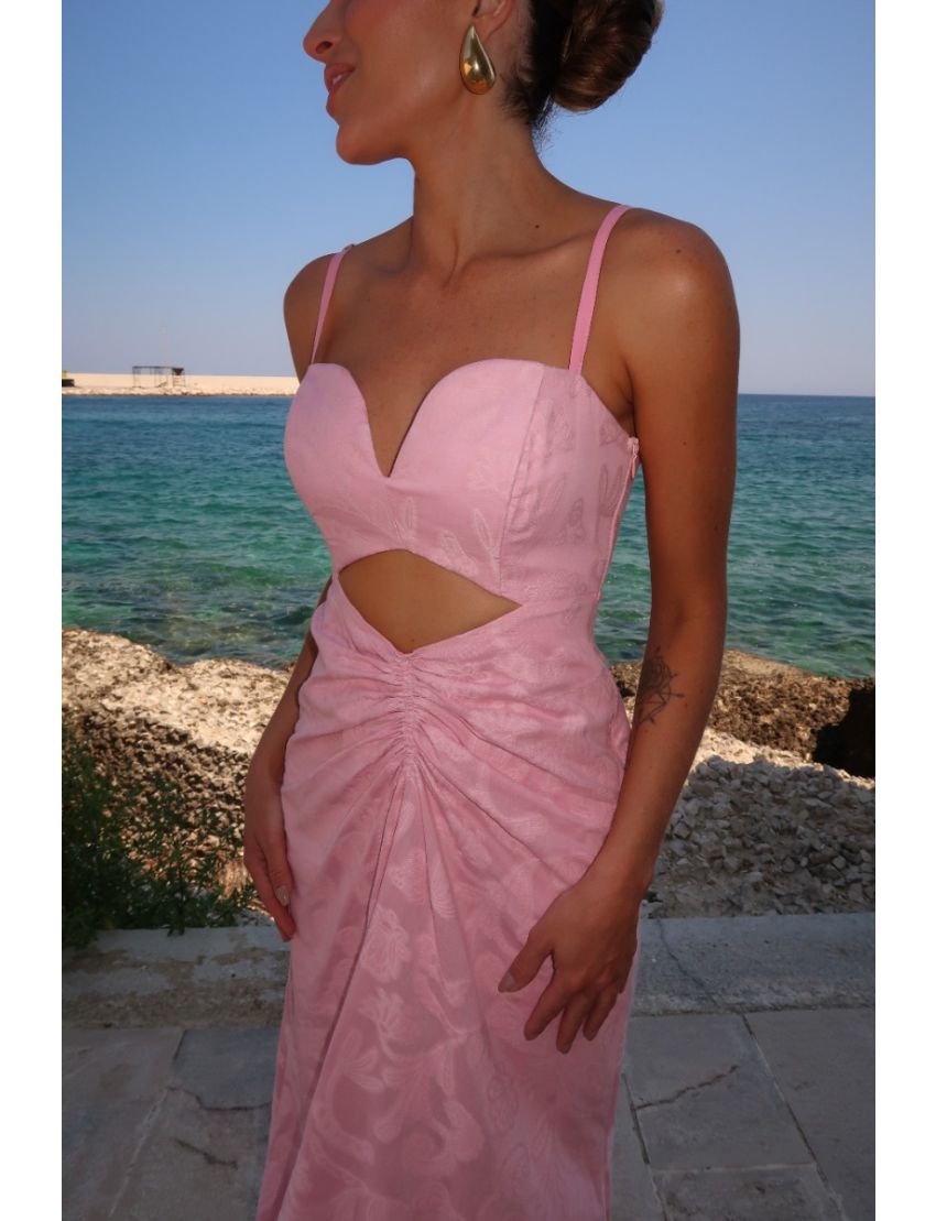 VESTIDO MIDI JAQUARD CUT OUT DECOTE CORAÇÃO FENDA FRANZIDA