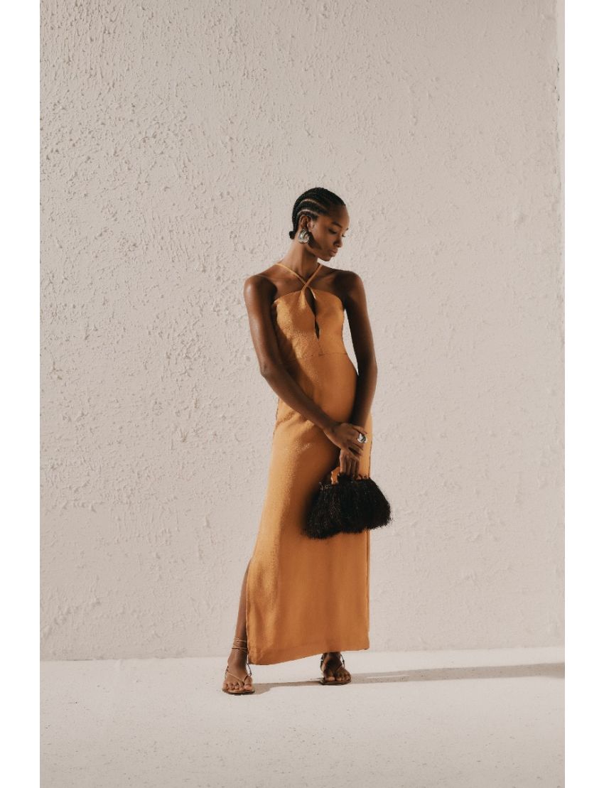 VESTIDO LONGO DECOTE EM ALÇA CRUZADA TECIDO SNAKE