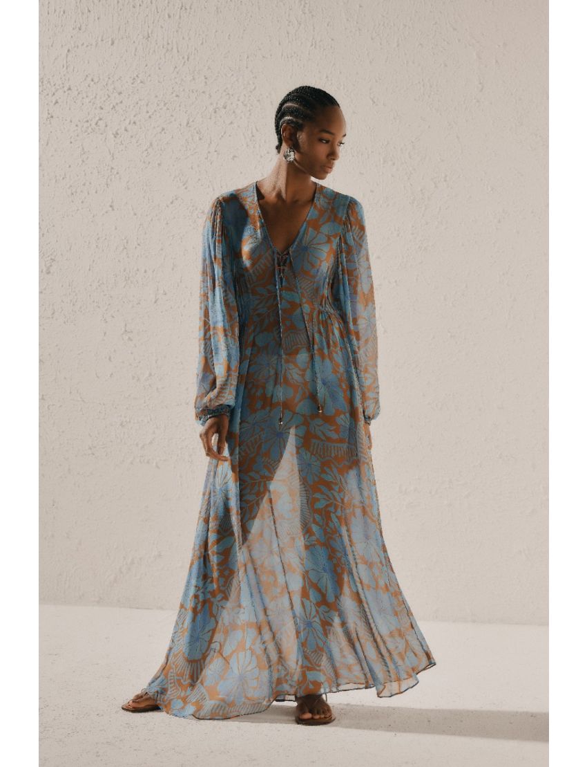 VESTIDO LONGO FLUÍDO ESTAMPA FLORAL CÉU & CAMEL