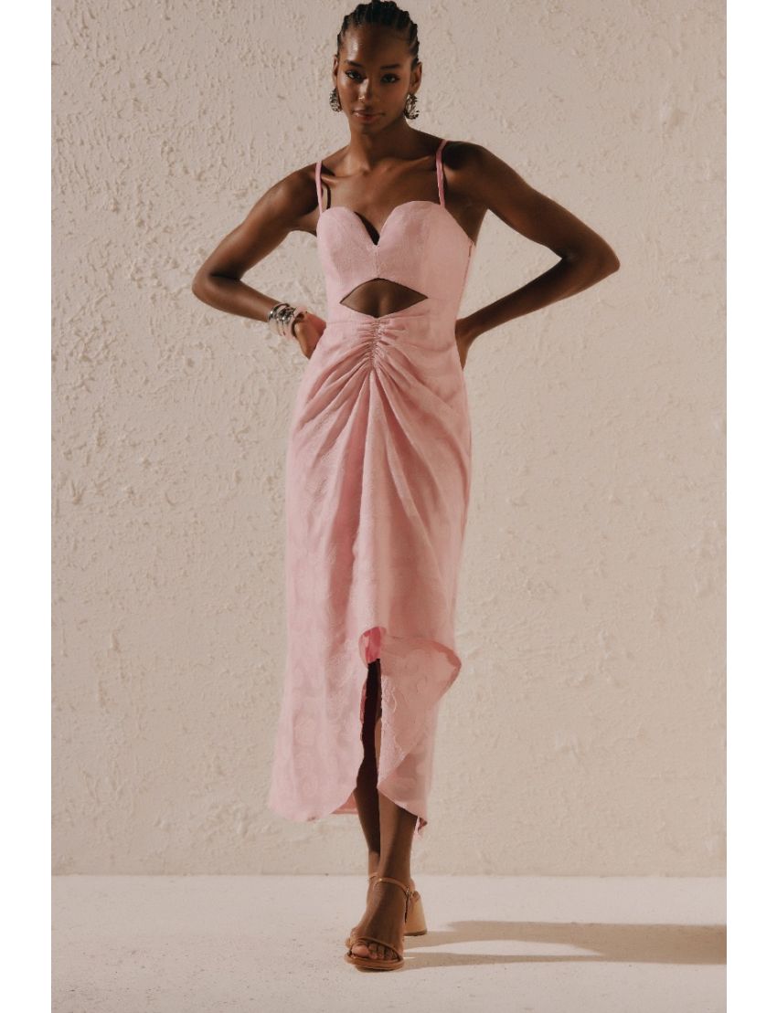 VESTIDO MIDI JAQUARD CUT OUT DECOTE CORAÇÃO FENDA FRANZIDA