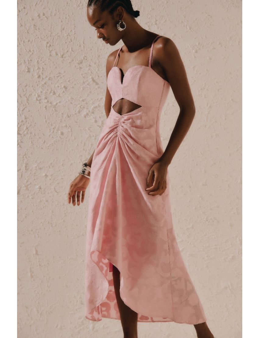 VESTIDO MIDI JAQUARD CUT OUT DECOTE CORAÇÃO FENDA FRANZIDA