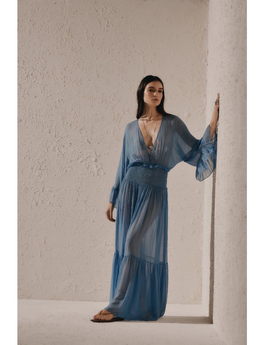 VESTIDO LONGO FLUÍDO COM TRANSPARÊNCIA