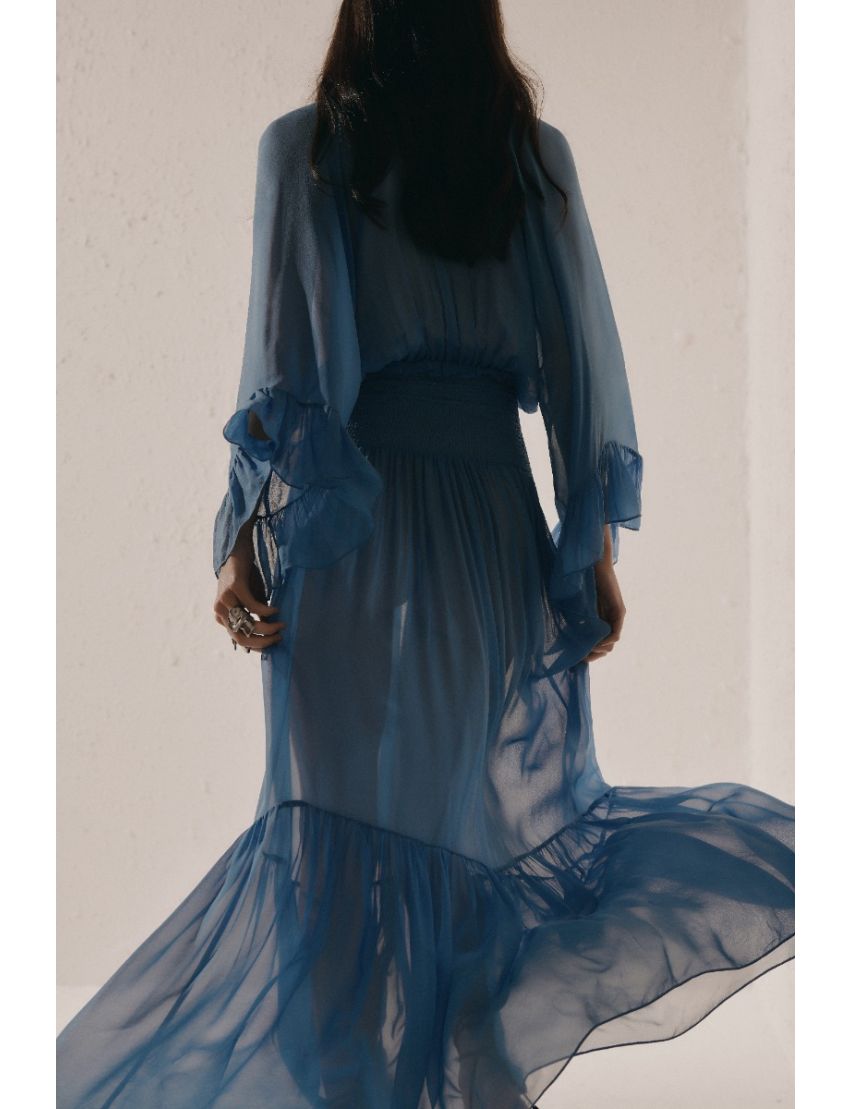 VESTIDO LONGO FLUÍDO COM TRANSPARÊNCIA