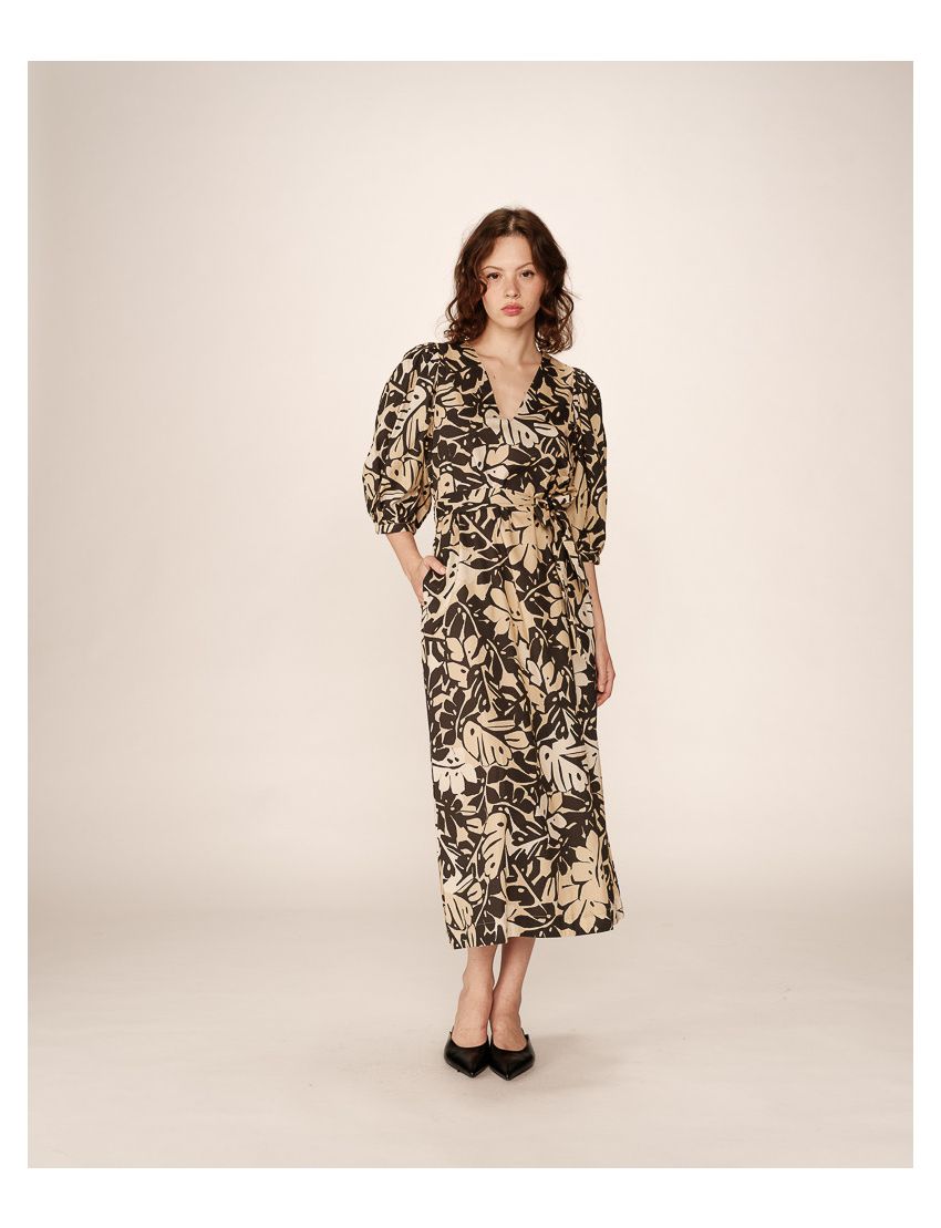 VESTIDO MIDI ESTAMPA PINE MANGA BALONADA