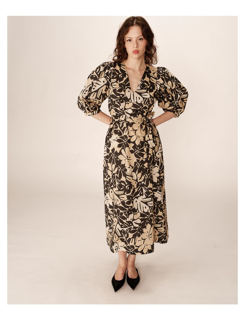 VESTIDO MIDI ESTAMPA PINE MANGA BALONADA