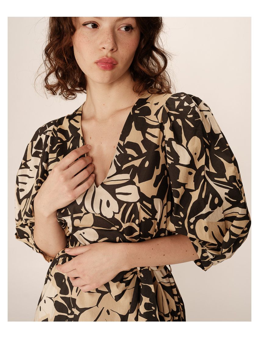 VESTIDO MIDI ESTAMPA PINE MANGA BALONADA