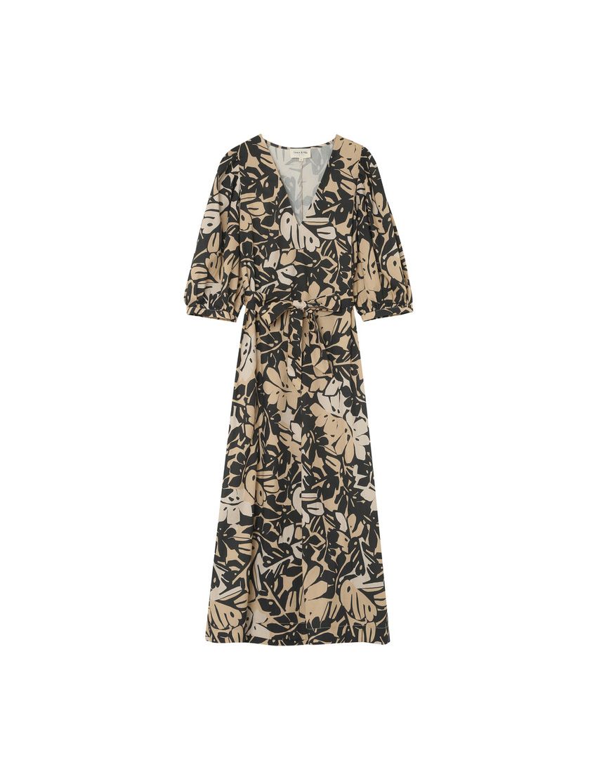 VESTIDO MIDI ESTAMPA PINE MANGA BALONADA