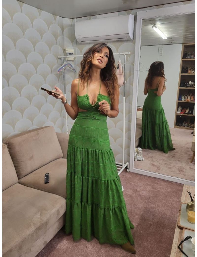 VESTIDO LONGO RODADO E BORDADO BUSTO RECORTADO