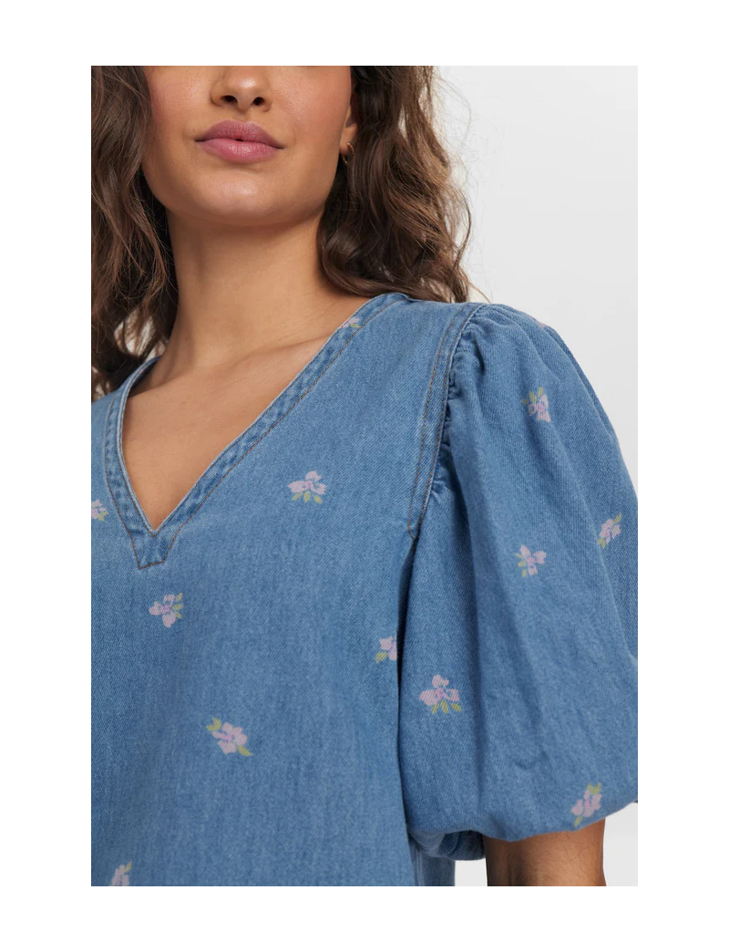 BLUSA DENIM COM FLORES MANGA BALONADA NUIBIZA