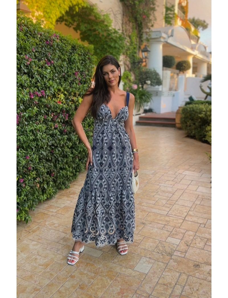 VESTIDO MARINHO LONGO RODADO CORPETE CORAÇÃO BORDADO