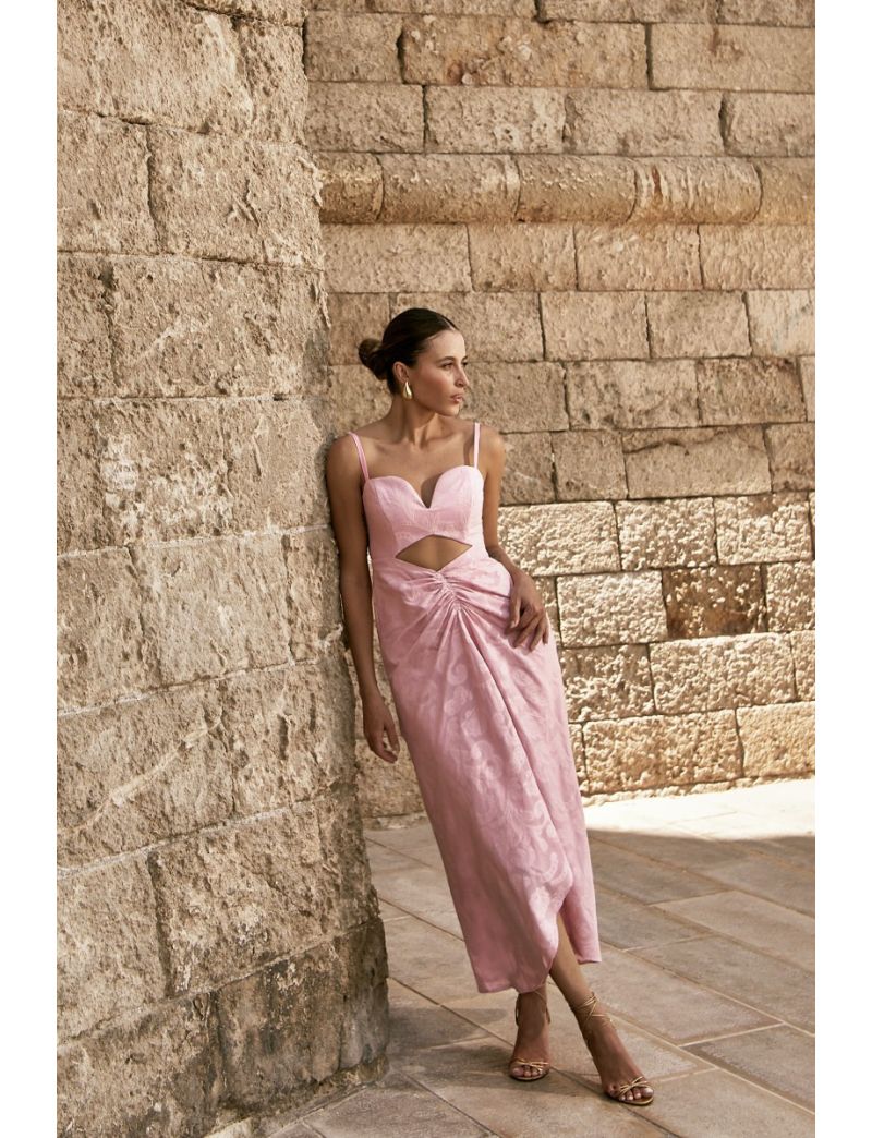 VESTIDO MIDI JAQUARD CUT OUT DECOTE CORAÇÃO FENDA FRANZIDA