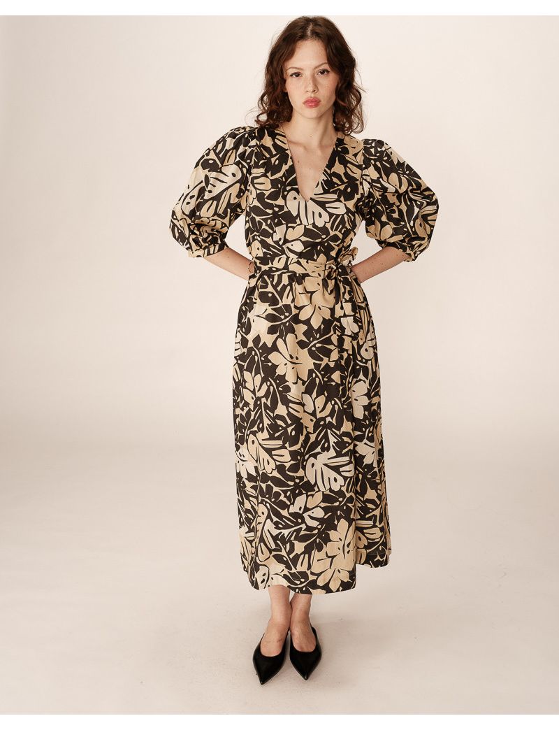 VESTIDO MIDI ESTAMPA PINE MANGA BALONADA